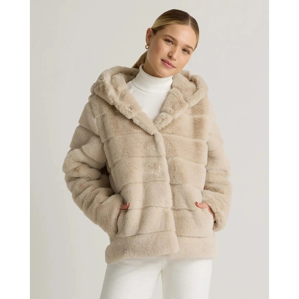 Quince Faux Fur Hooded Jacket Latte Beige Soft Plush Coat Womens XS Cozy Chic - Picture 1 of 14